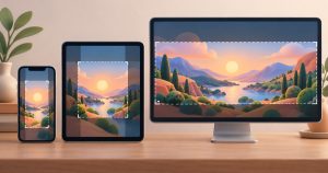 Telefon, tablet a monitor s krajinou a ořezovými rámečky v různých poměrech stran
